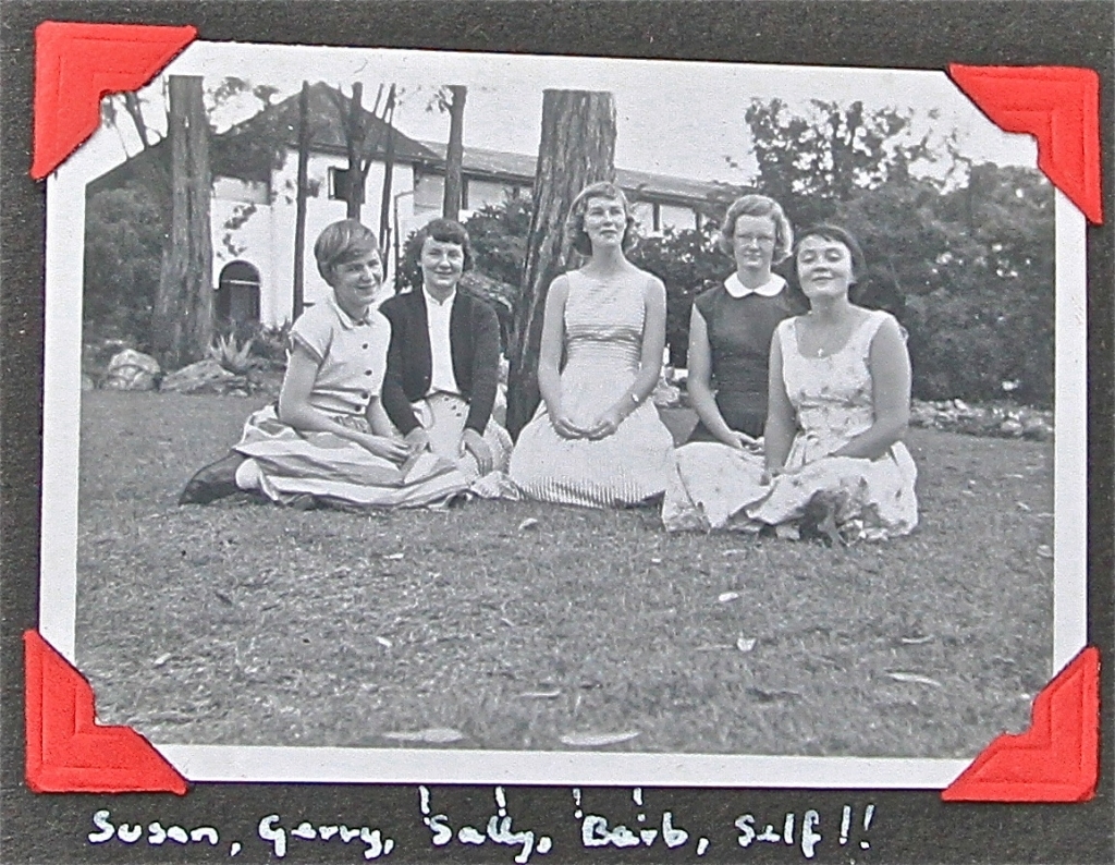 Five school friends in front of Big School